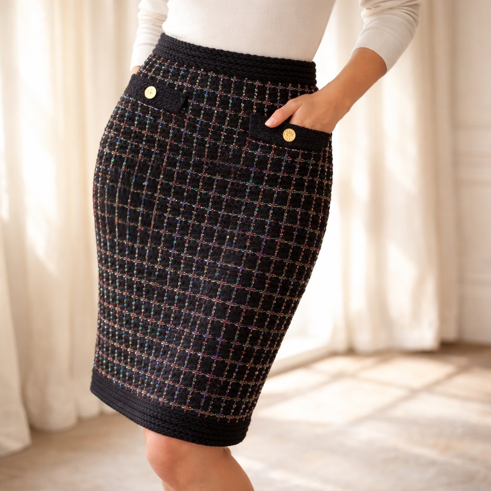 Sandro Paris Metallic Tweed Chanel Style Pencil Skirt Rainbow Chenille Size 40